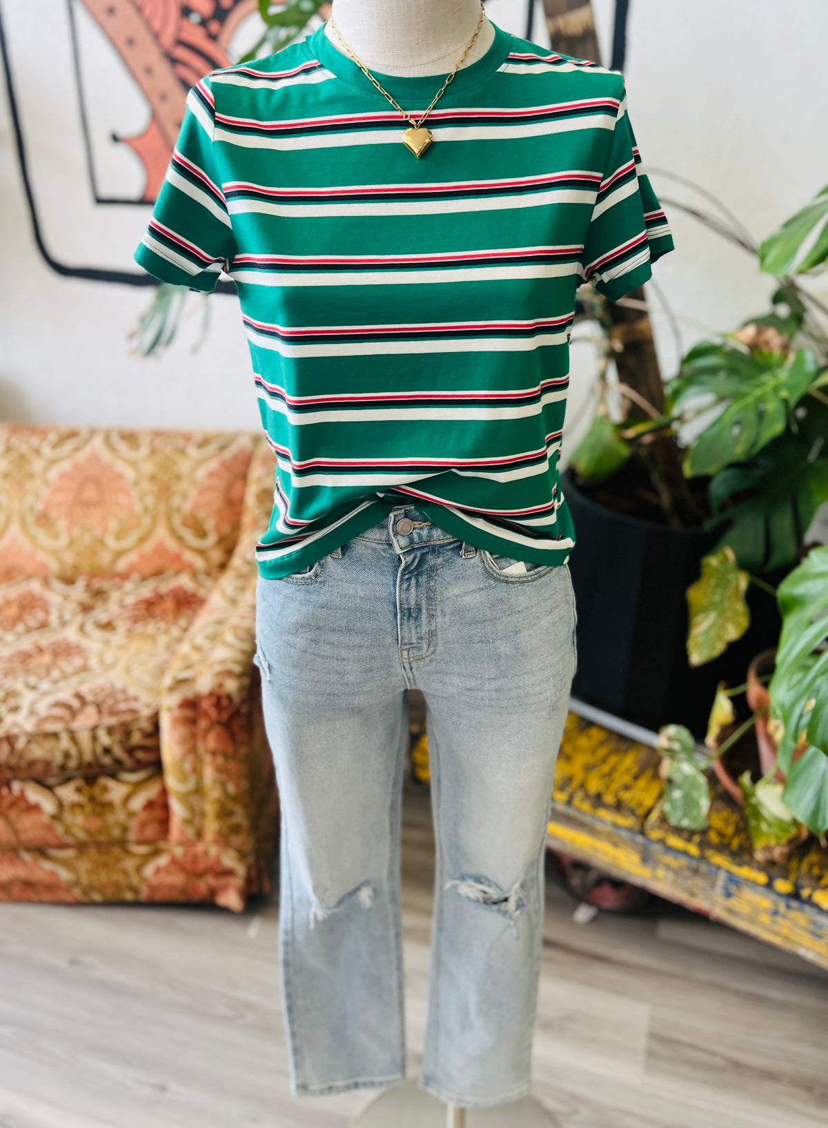 Basic Green Striped Cotton Tee