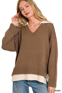 Veronica Collared V-Neck Sweater + Brown