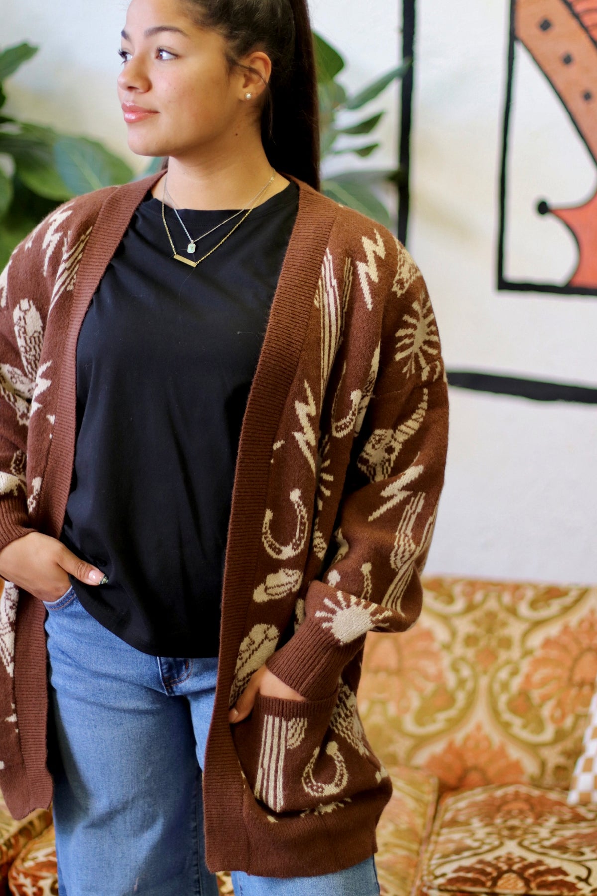 Oversized Western Knit Sweater Cardigan Brown