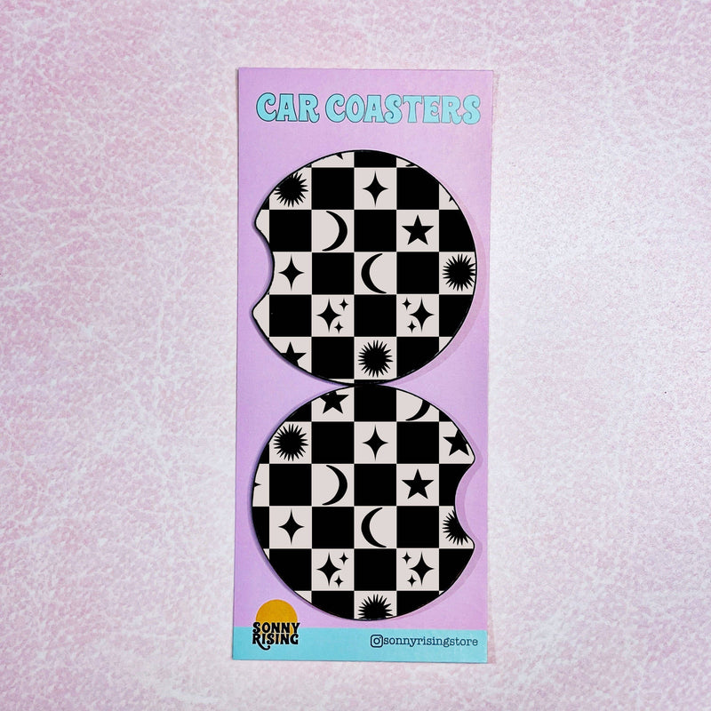 Black Moon and Stars Checker Pattern-Coaster