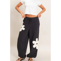 Black Floral Applique Drawstring Jogger Pants