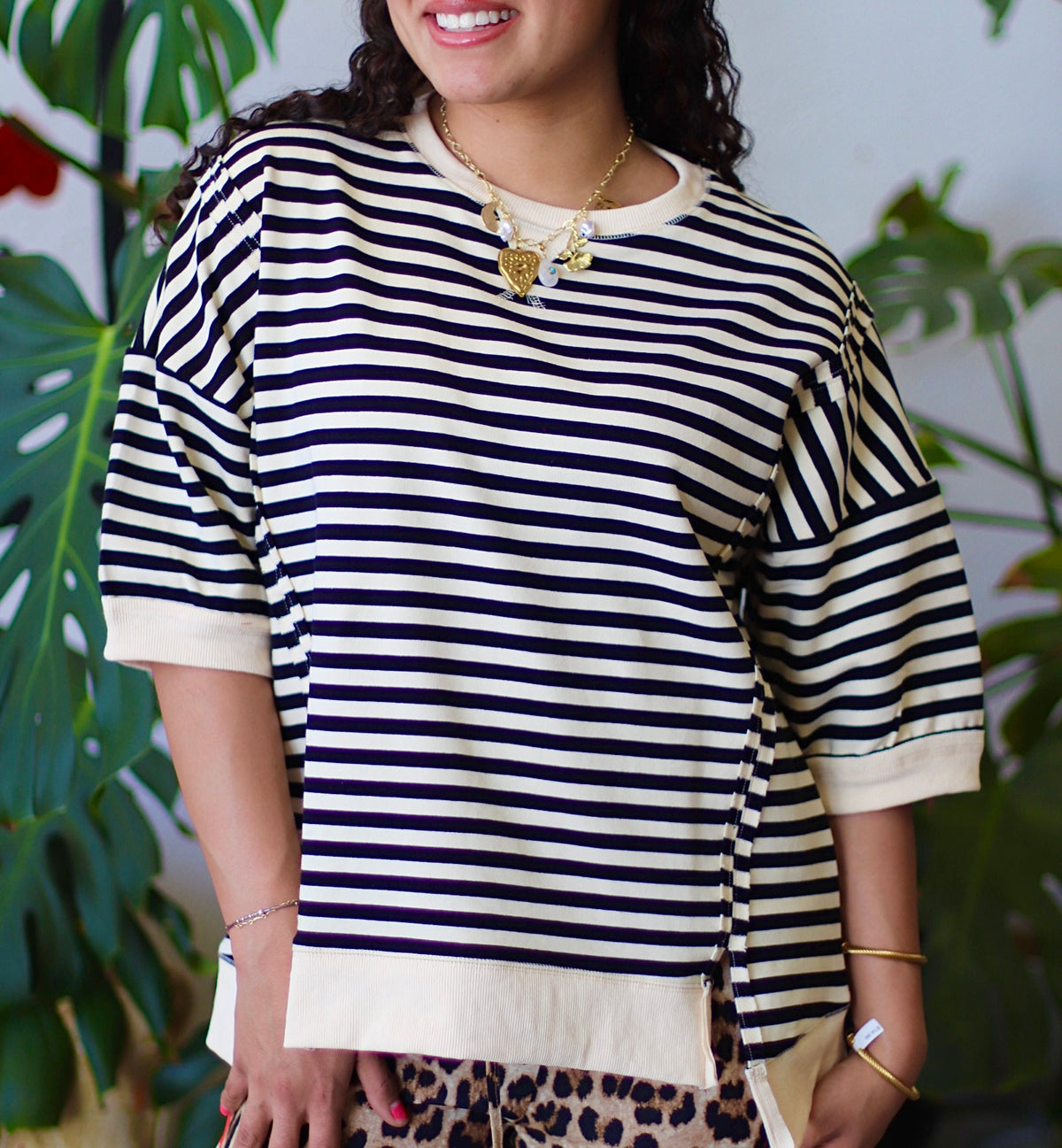 Molly Oversized Stripe Casual Knit Top Black