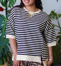 Molly Oversized Stripe Casual Knit Top Black