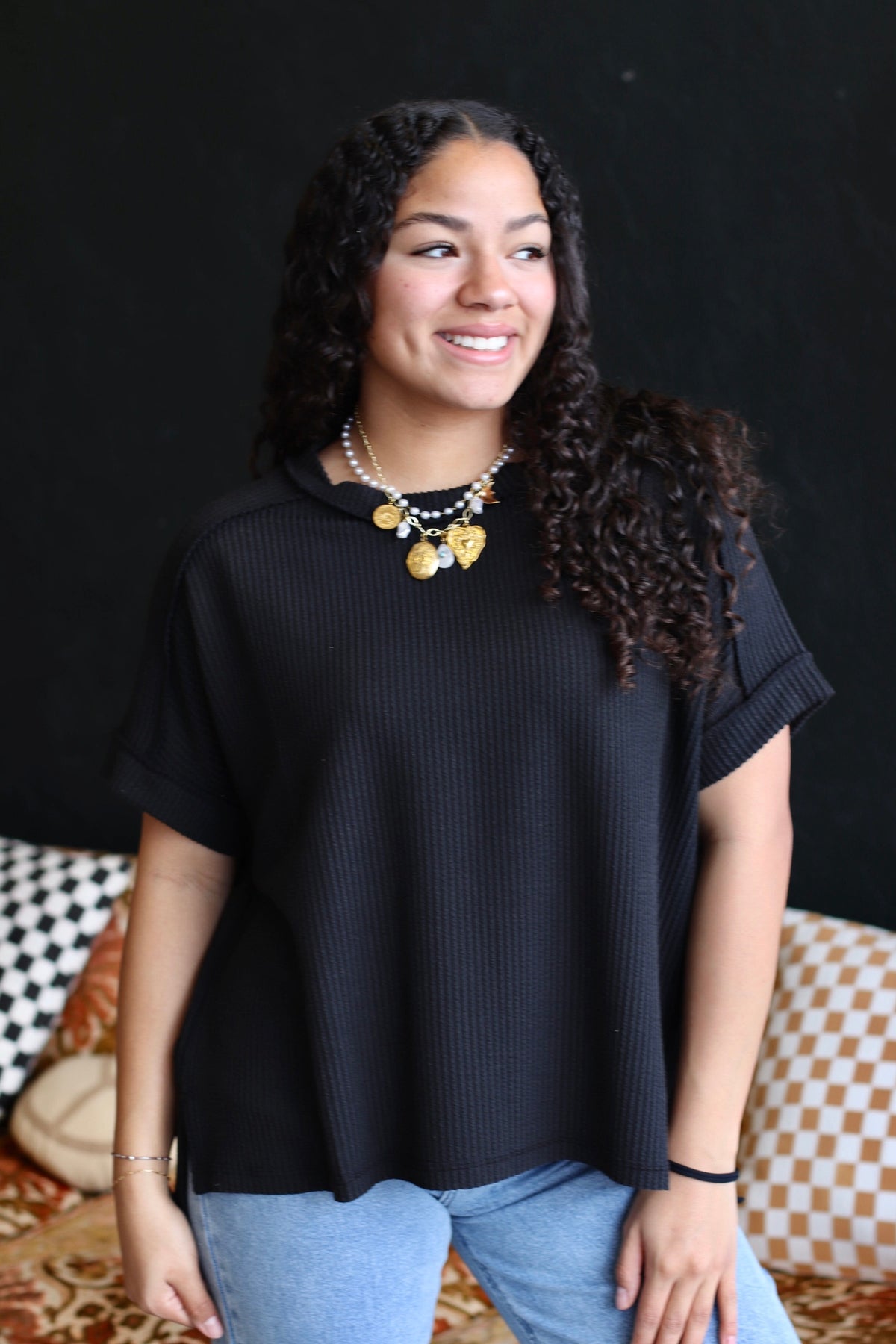 Ribbed Short Sleeve Top in Black (Plus Sizes Available)