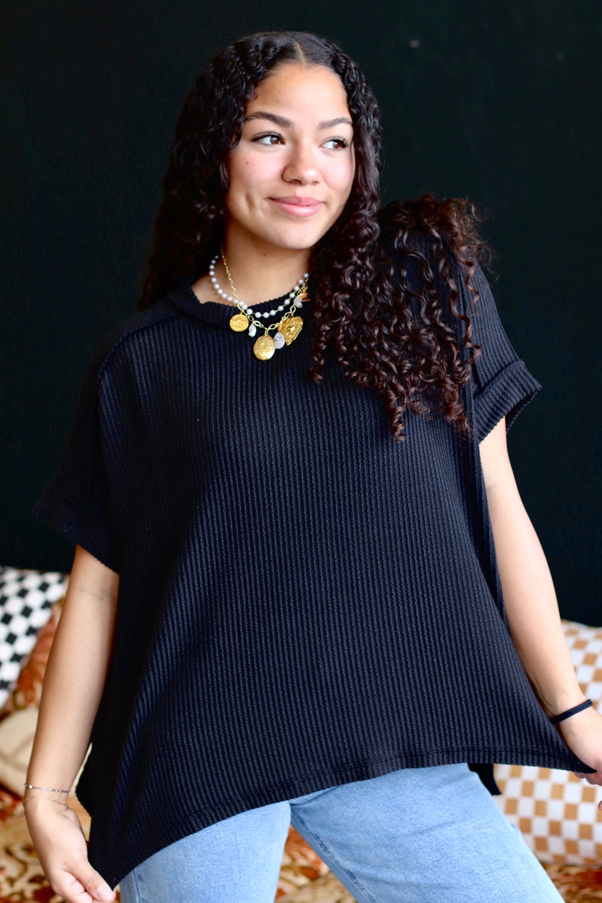 Ribbed Short Sleeve Top in Black (Plus Sizes Available)