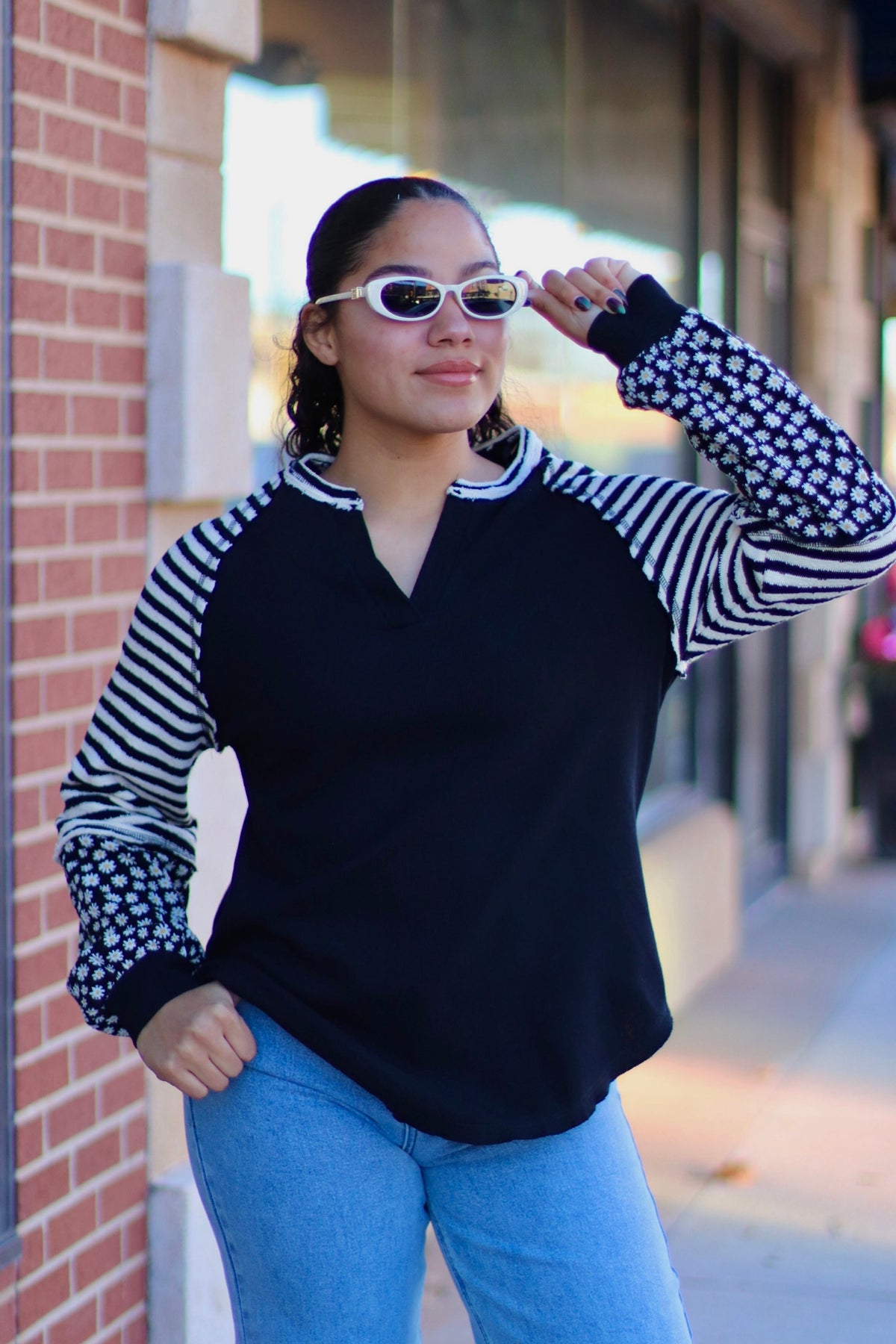 Charcoal Floral & Stripe Casual Knit Top