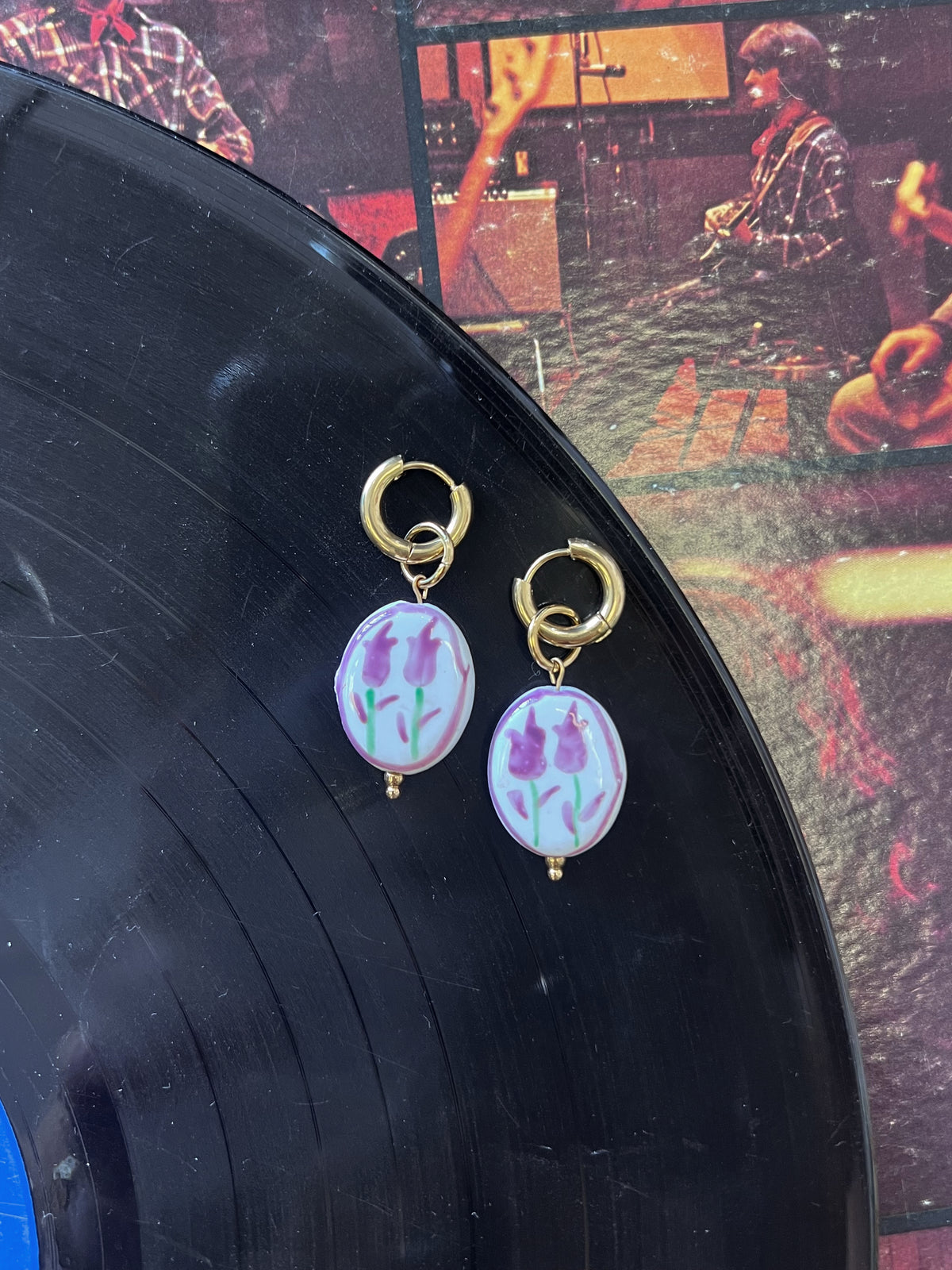 Ceramic Floral 18K GP Huggie Earrings + Purple