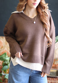 Veronica Collared V-Neck Sweater + Brown