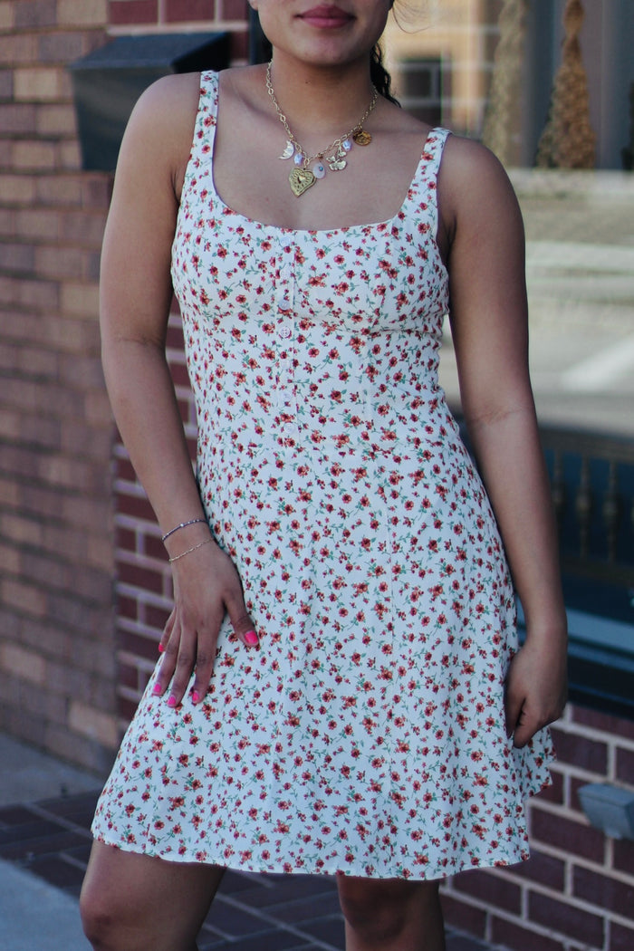 Indie Floral Mini Dress in Cream
