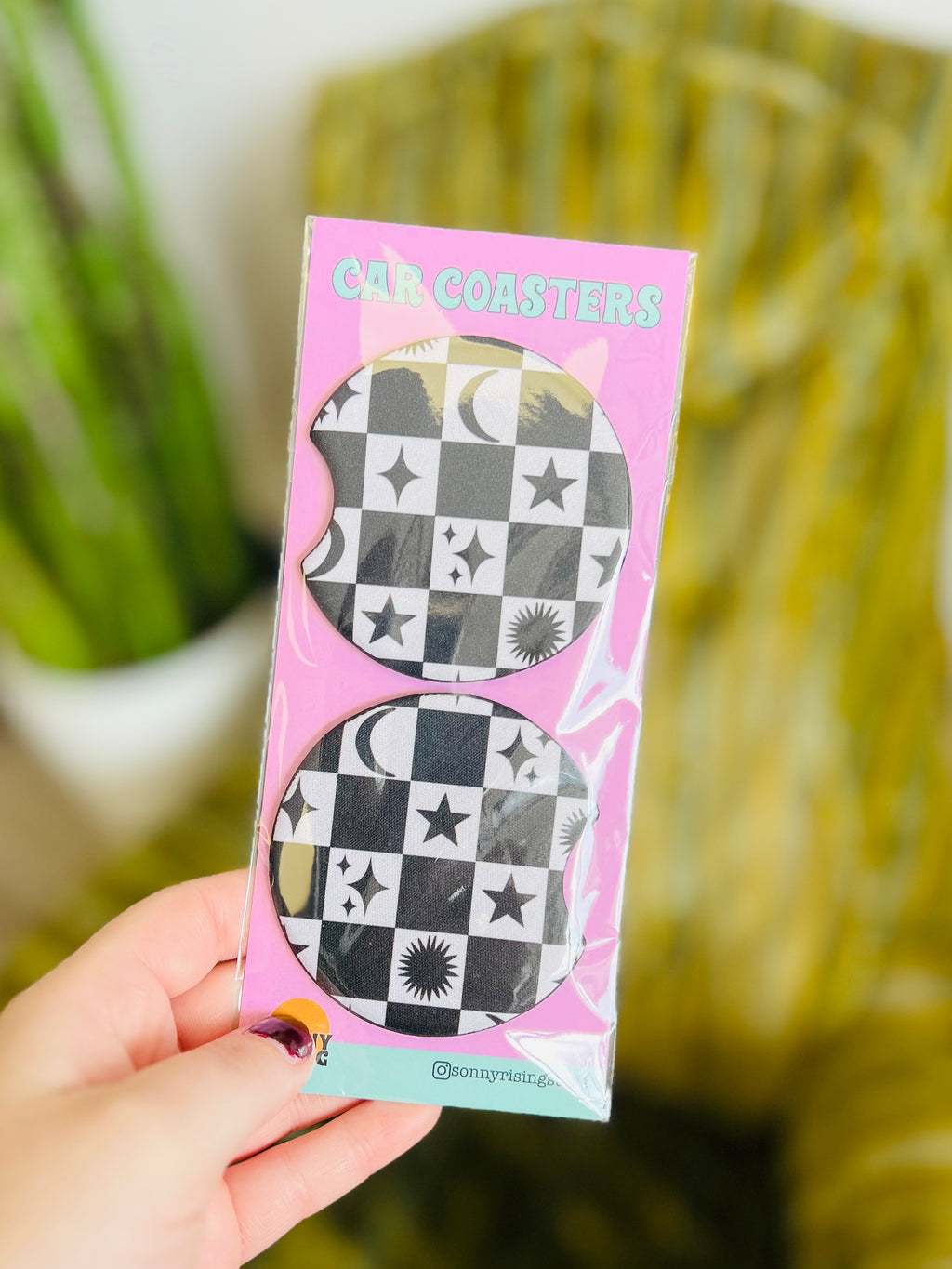 Black Moon and Stars Checker Pattern-Coaster