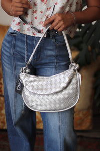 Silver Weaved Crescent Shoulder Bag