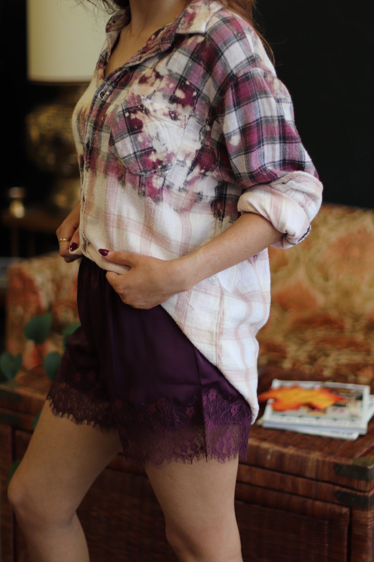 Vixen Lace Hem Satin Shorts + Plum