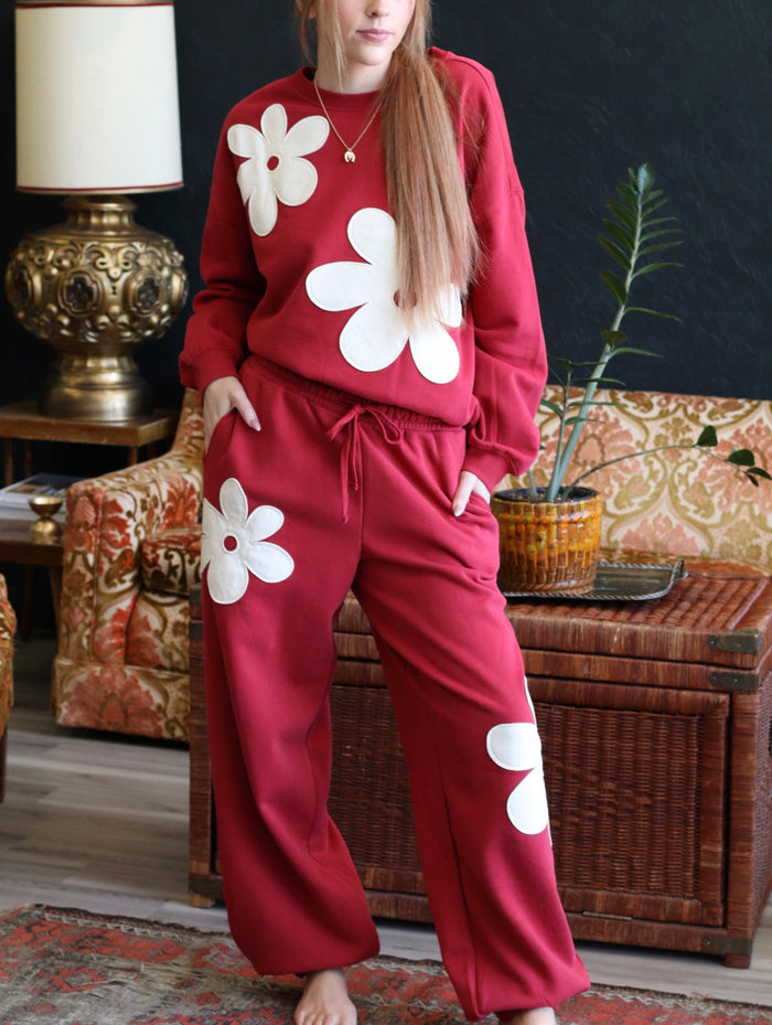 Red Floral Applique Drawstring Jogger Pants