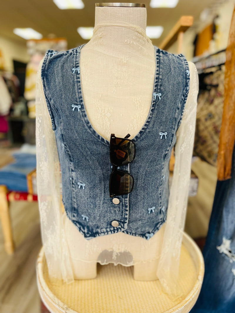 Hey Darlin' Bow Embroidered Denim Vest