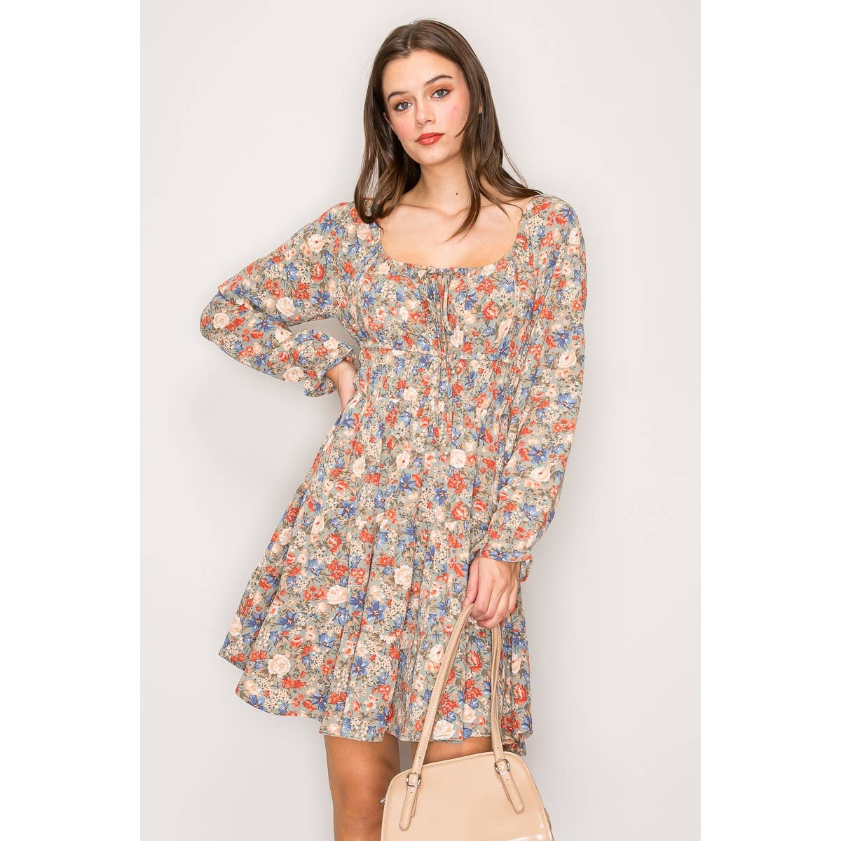 Peasant Long Sleeve Mini Dress Sage Floral
