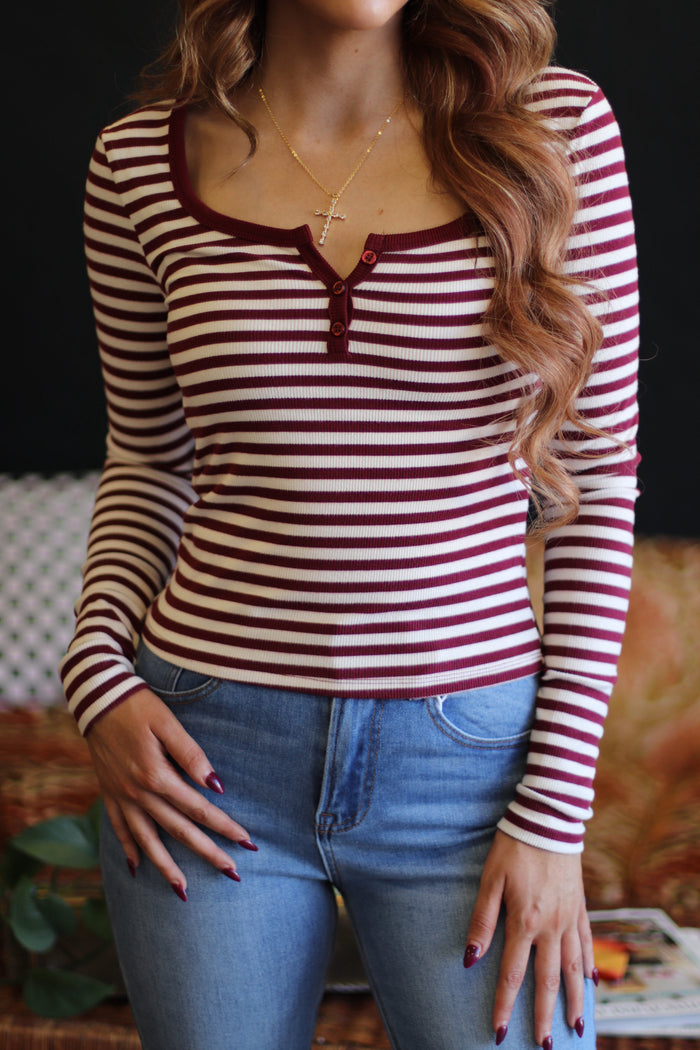 Red Striped Henley Long Sleeve Top