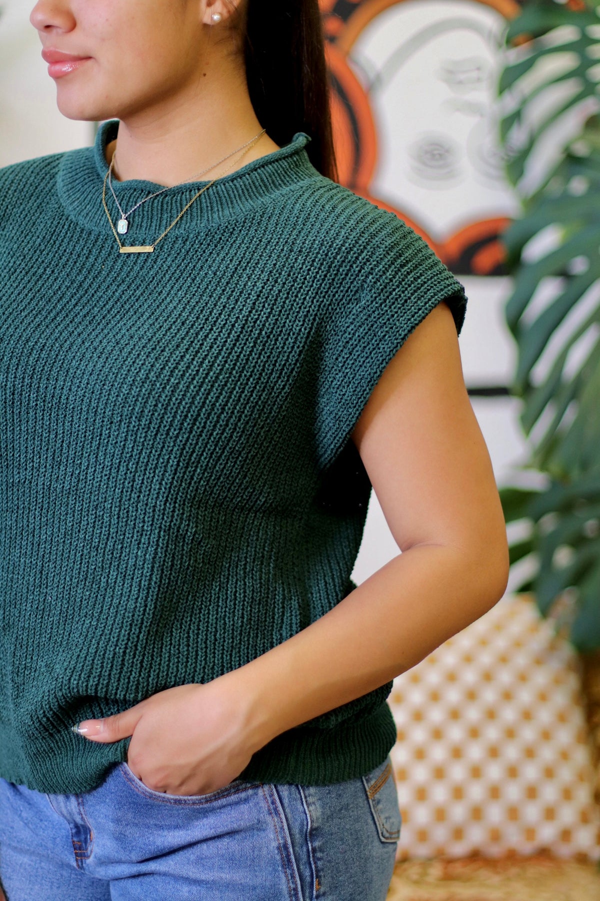 Oversized Soft Knit Sweater Vest Top Forest