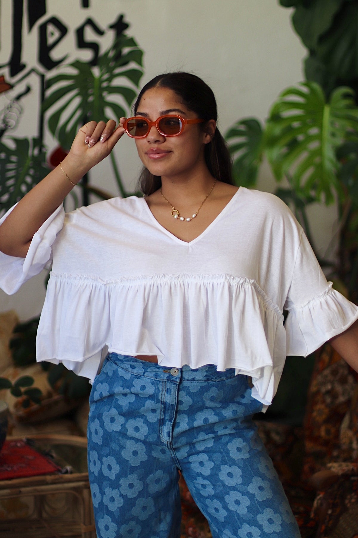 V-Neck Ruffle Hem Top in White