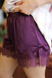 Vixen Lace Hem Satin Shorts + Plum