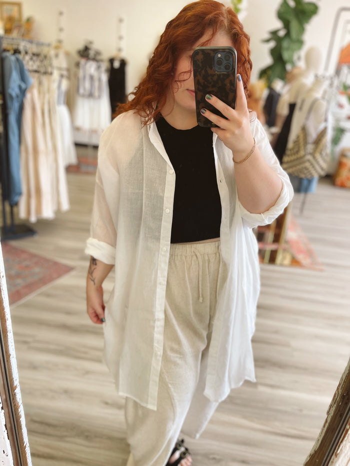 Cotton Button Down Tunic Shirt in Ivory