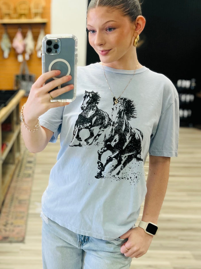 Mineral Wash Horses Tee + Blue