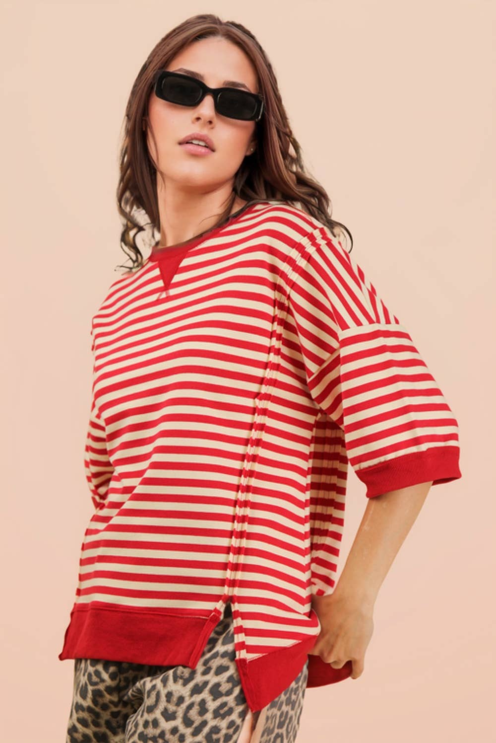 Molly Oversized Stripe Casual Knit Top + Red