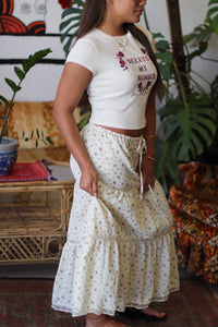 Cream Floral Maxi Skirt w/ Polka Dot Detail