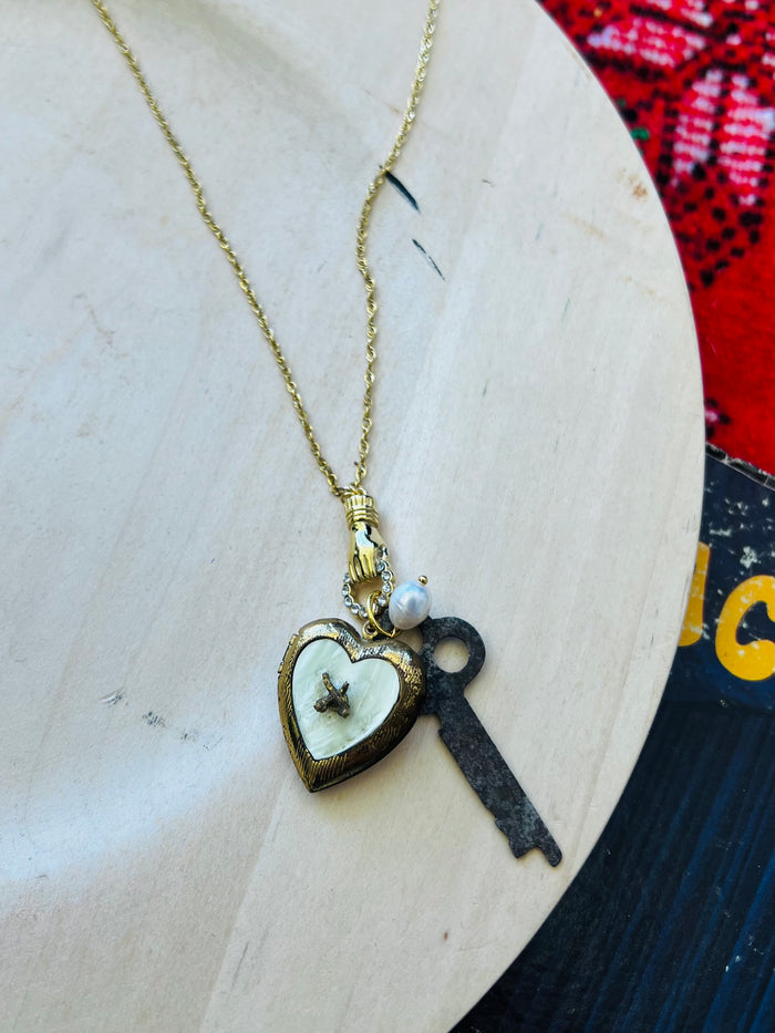 Pearl Heart Locket  & Key Charm Necklace
