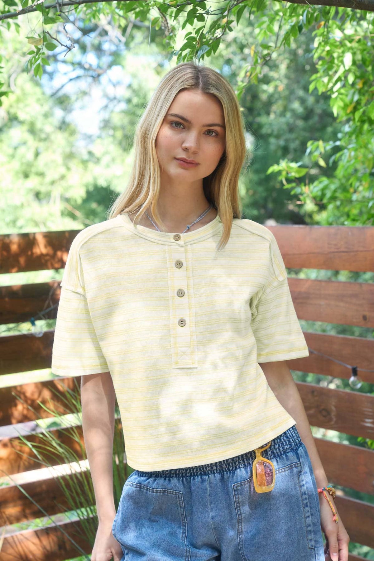 Lauren Yellow Striped Henley Tee