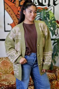 Oversized Western Knit Sweater Cardigan Olive
