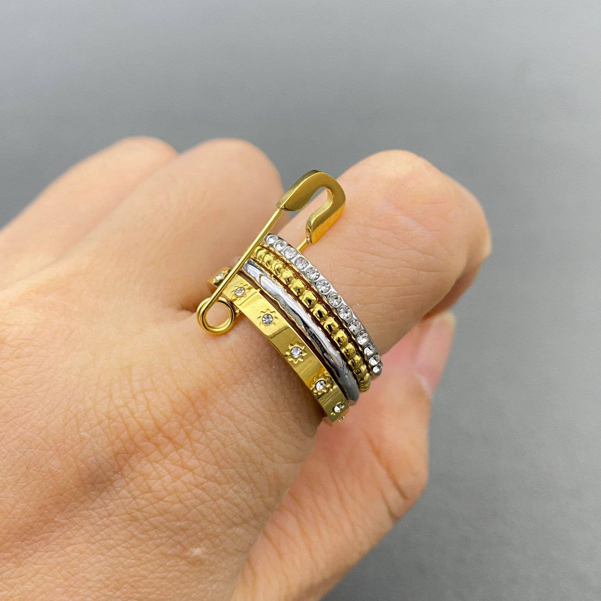 Two Tone 18K Gold Plated 4 Layer Stacked Safety Pin Ring