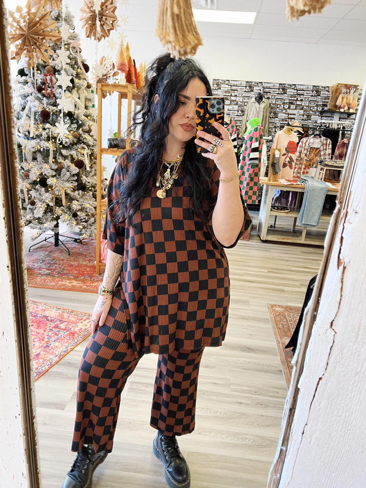 Mocha Checkered Pant Set