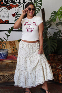 Cream Floral Maxi Skirt w/ Polka Dot Detail