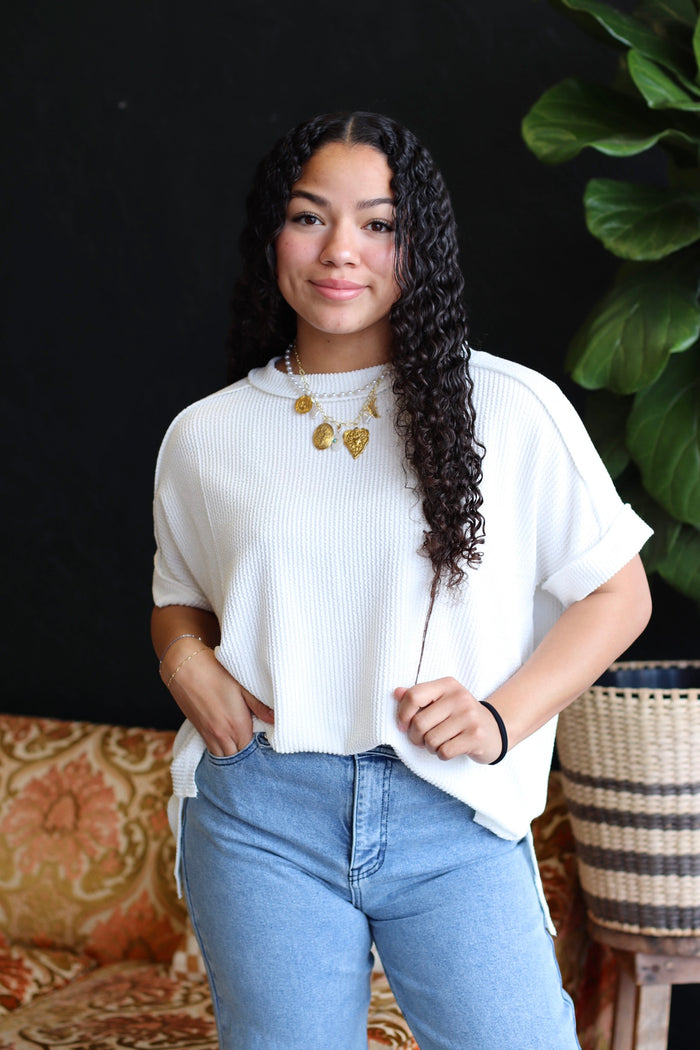 Ribbed Short Sleeve Top in White