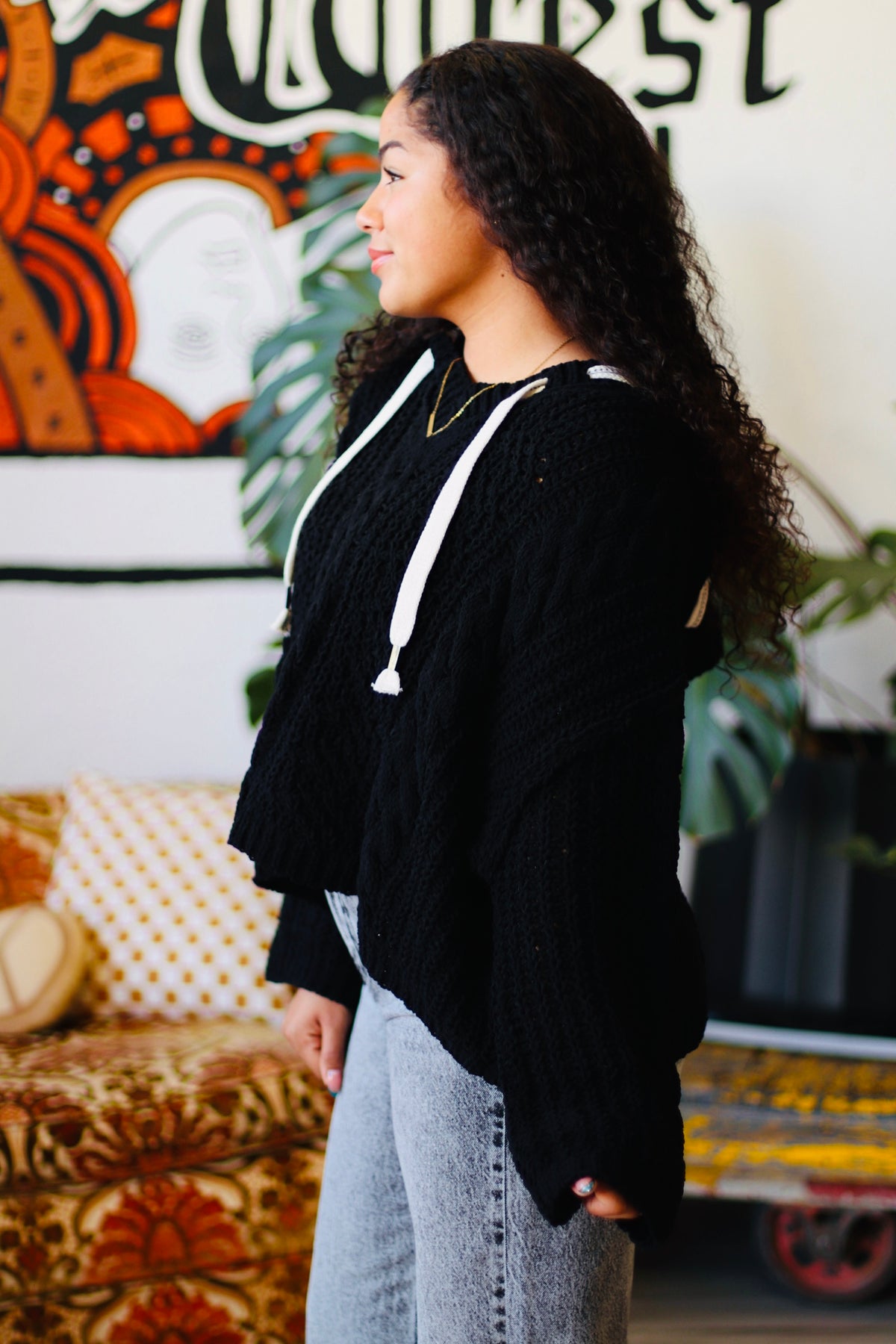 Soft Cable Knit Hooded Sweater + Black