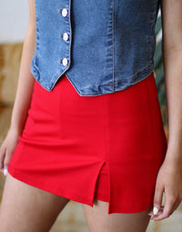 Red Front Slit Ponte Mini Skort