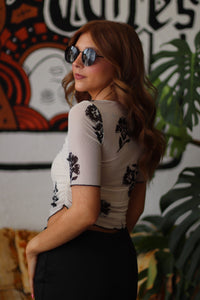 Tuscan Sun Cream Floral Mesh Ruched Cropped Top