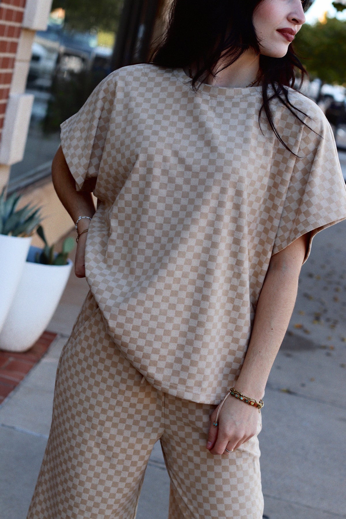 Tatum Checkered Top + Tan