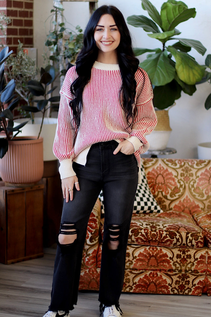 Cozy Sunday Two Tone Sweater in Ruby