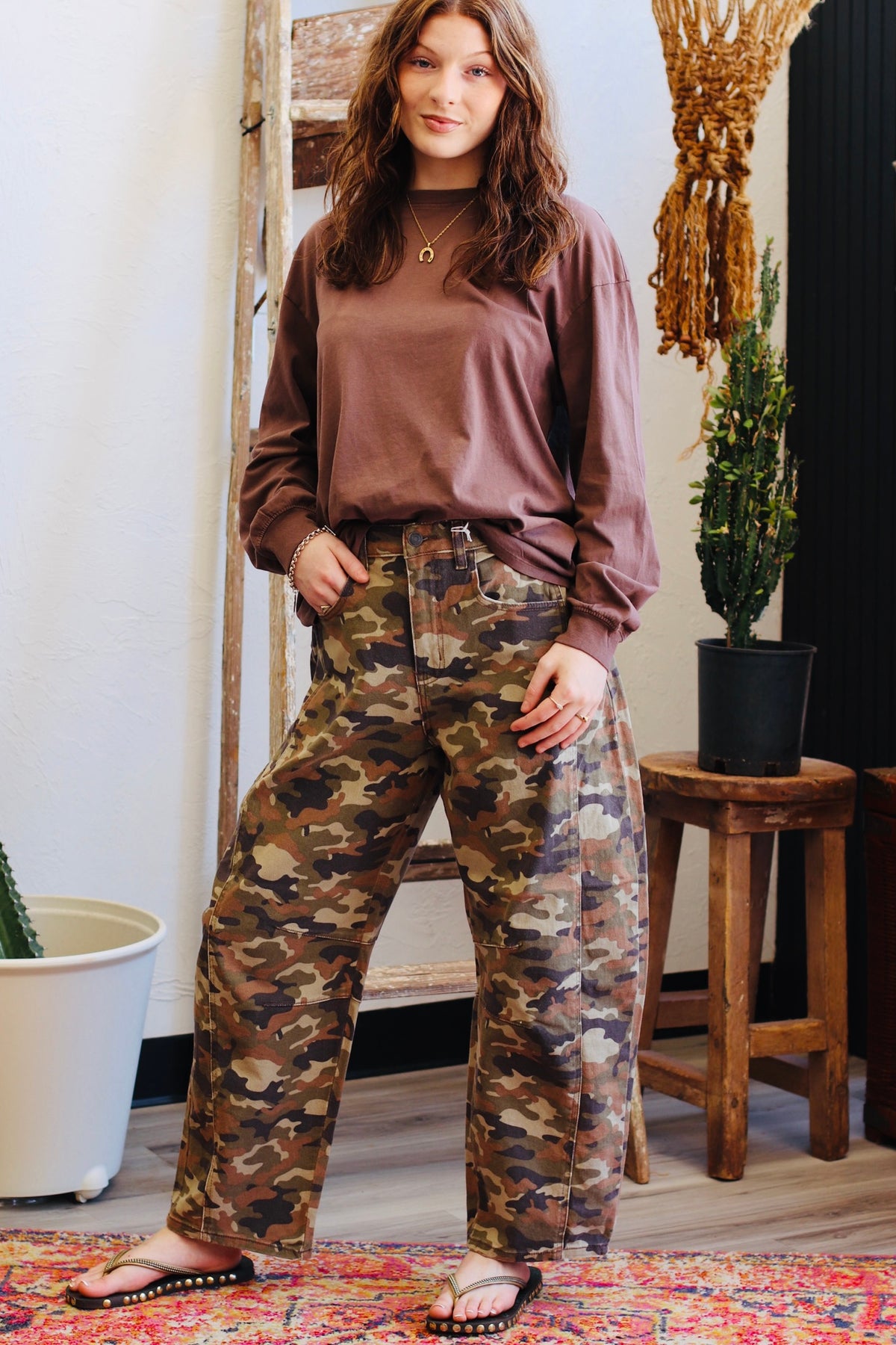 Eliza Camo Barrel Jeans