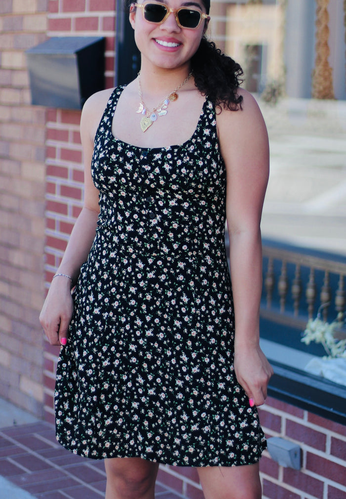 Indie Floral Mini Dress in Black