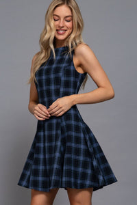 Navy Plaid Sleeveless Woven Mini Dress