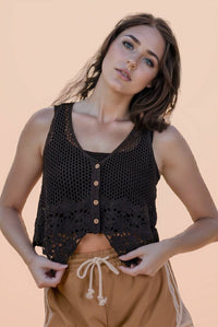 Floral Hem Detail Crochet Knit Vest Black