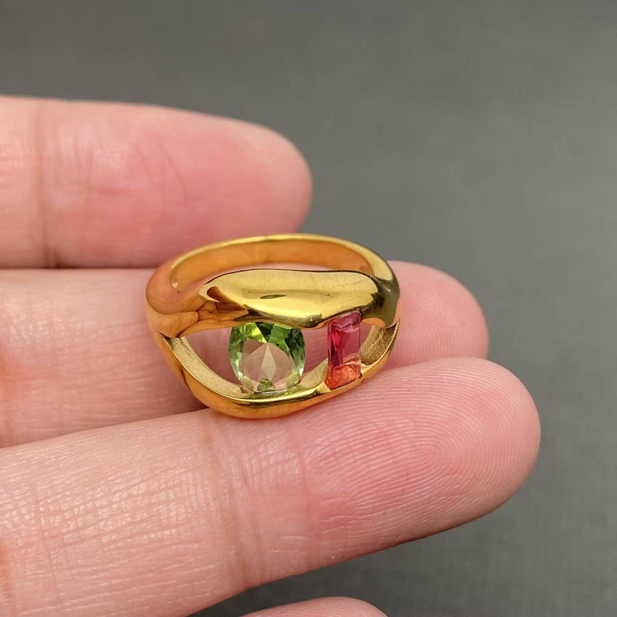 Pink & Green Stone Hollow 18K Gold Plated Ring