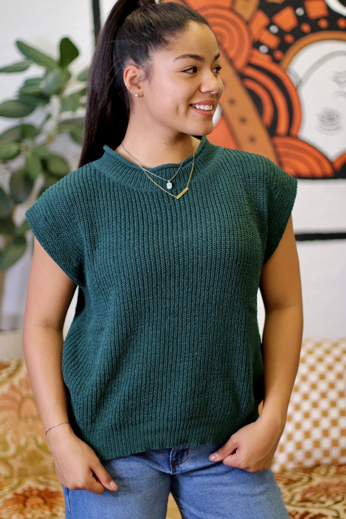 Oversized Soft Knit Sweater Vest Top Forest