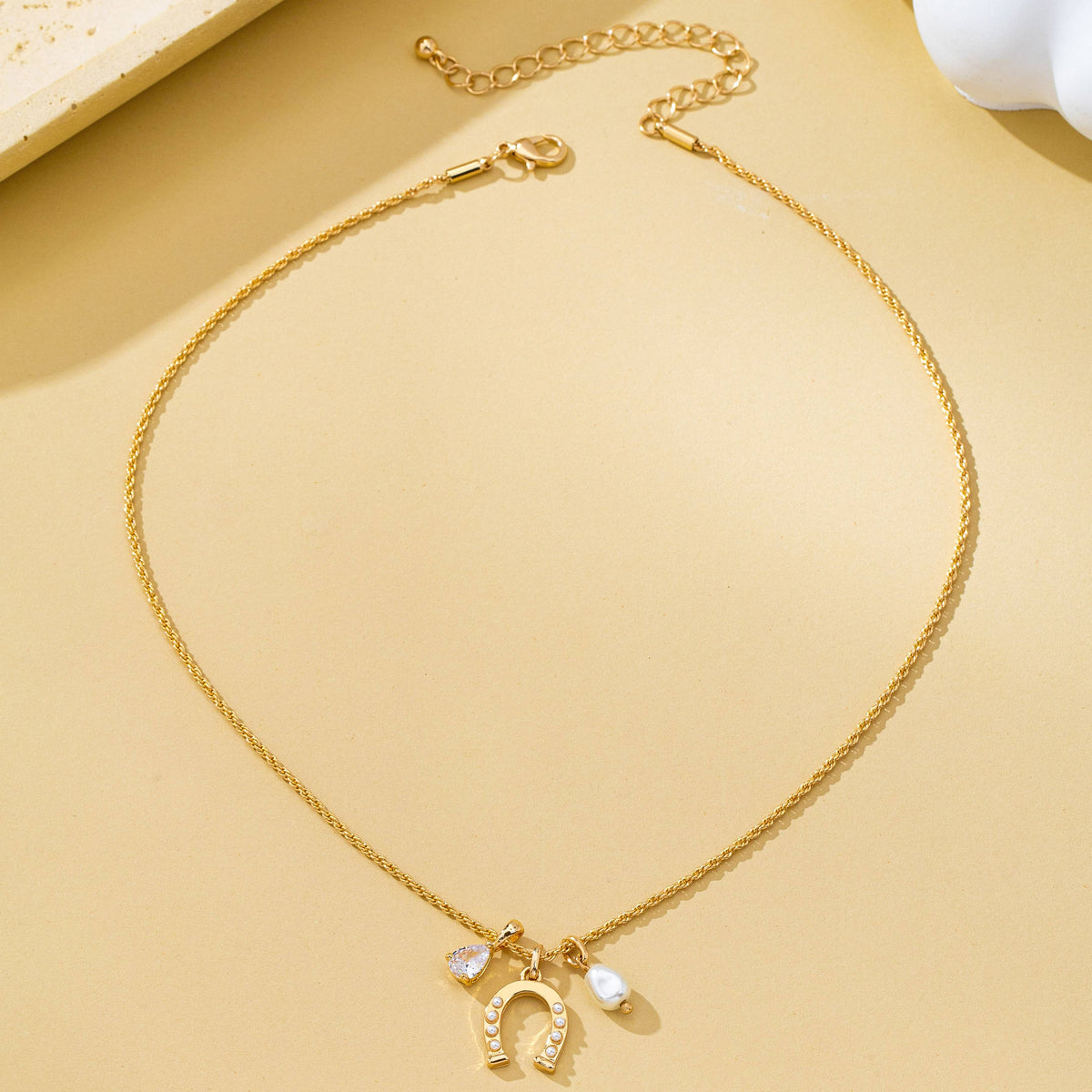 Pave Horseshoe & Pearl Drop Charm Necklace