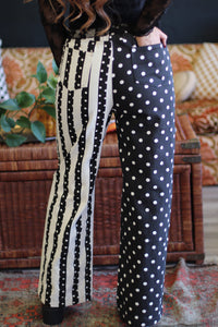 Split Personality Polka Dot & Striped Wide Leg Pants in Black