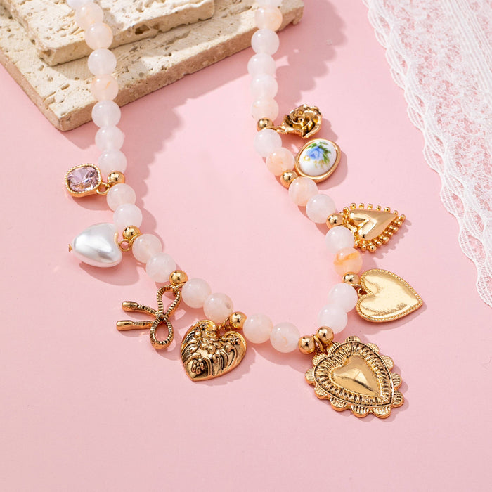 Chunky White Beaded Heart Charm Necklace