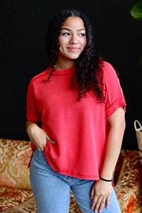 Ribbed Short Sleeve Top in Ruby (Plus Sizes Available)