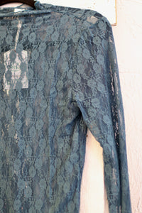 High Neck Fitted Sheer Mesh Lace Knit Top in Blue